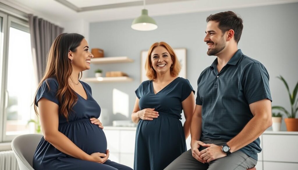 A pregnant surrogate mother meeting with intended parents in Greece A pregnant surrogate mother meeting with intended parents in Greece