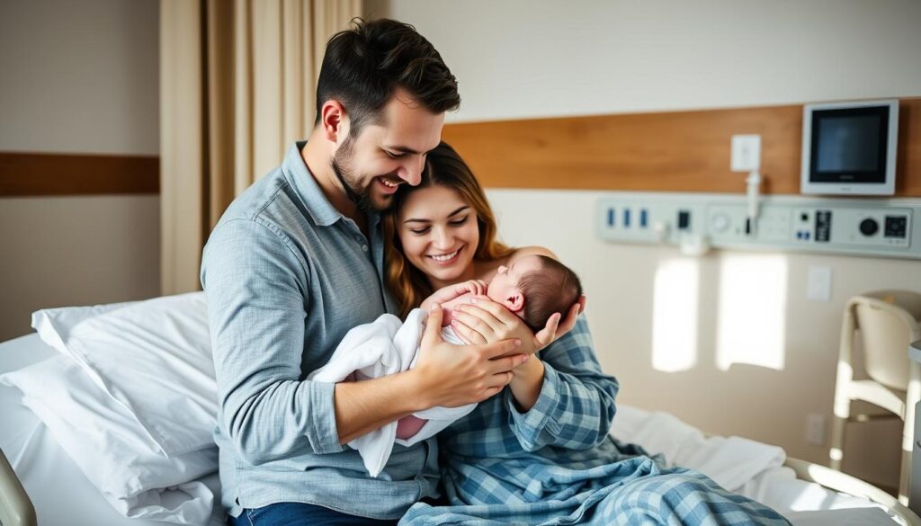 Happy couple holding their newborn baby after successful surrogacy in Greece Happy couple holding their newborn baby after successful surrogacy in Greece