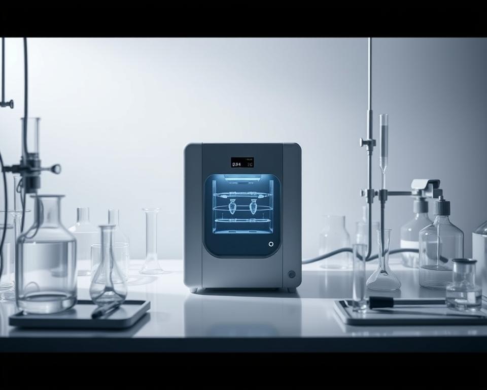 Crisp, sterile laboratory setting with a central focal point showcasing a cryogenic freezing device. Precise glassware, tubing, and scientific instruments surround the device, creating a sense of technical precision. Cool, muted lighting casts subtle shadows, emphasizing the delicate nature of the embryo vitrification process. The device's sleek, modern design exudes an air of clinical professionalism, reflecting the specialized techniques used to preserve the viability of precious embryos. Minimalist, clean-lined composition draws the viewer's attention to the core subject matter, conveying the importance of this cryopreservation technology in the context of international surrogacy programs.