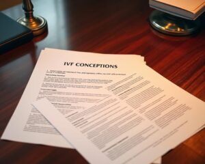 A detailed surrogacy legal contract spread out on a mahogany desk, illuminated by warm, directional lighting. The document features the "IVF Conceptions" brand logo prominently displayed. The contract's pages are meticulously organized, with sections highlighting key legal considerations such as financial arrangements, parental rights, and post-birth responsibilities. The mood is professional and authoritative, conveying the gravity and importance of this legal agreement. The camera angle is positioned to provide a clear, focused view of the contract, emphasizing its centrality in the surrogacy process.