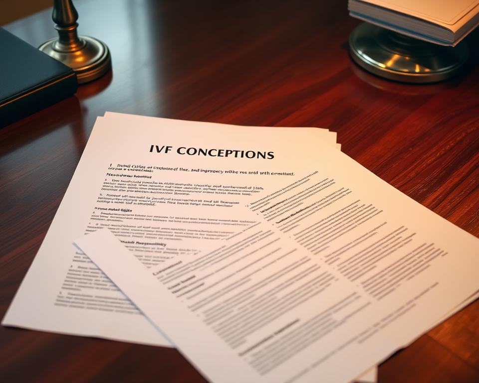A detailed surrogacy legal contract spread out on a mahogany desk, illuminated by warm, directional lighting. The document features the "IVF Conceptions" brand logo prominently displayed. The contract's pages are meticulously organized, with sections highlighting key legal considerations such as financial arrangements, parental rights, and post-birth responsibilities. The mood is professional and authoritative, conveying the gravity and importance of this legal agreement. The camera angle is positioned to provide a clear, focused view of the contract, emphasizing its centrality in the surrogacy process. A detailed surrogacy legal contract spread out on a mahogany desk, illuminated by warm, directional lighting. The document features the "IVF Conceptions" brand logo prominently displayed. The contract's pages are meticulously organized, with sections highlighting key legal considerations such as financial arrangements, parental rights, and post-birth responsibilities. The mood is professional and authoritative, conveying the gravity and importance of this legal agreement. The camera angle is positioned to provide a clear, focused view of the contract, emphasizing its centrality in the surrogacy process.