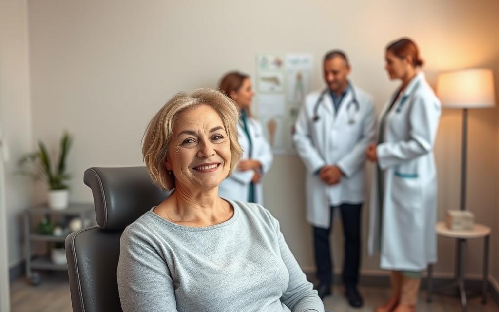 A serene medical setting, with a focus on the foreground. A mature woman sits comfortably in an examination chair, her face exuding a sense of hope and determination. In the middle ground, a team of medical professionals gently guides her through the various IVF treatment options, illustrated through clear, detailed diagrams and models. The background features soothing, neutral-toned walls, complemented by soft, diffused lighting that creates a calming atmosphere. The overall scene conveys a sense of expertise, compassion, and the empowering journey of IVF for older women. A serene medical setting, with a focus on the foreground. A mature woman sits comfortably in an examination chair, her face exuding a sense of hope and determination. In the middle ground, a team of medical professionals gently guides her through the various IVF treatment options, illustrated through clear, detailed diagrams and models. The background features soothing, neutral-toned walls, complemented by soft, diffused lighting that creates a calming atmosphere. The overall scene conveys a sense of expertise, compassion, and the empowering journey of IVF for older women.