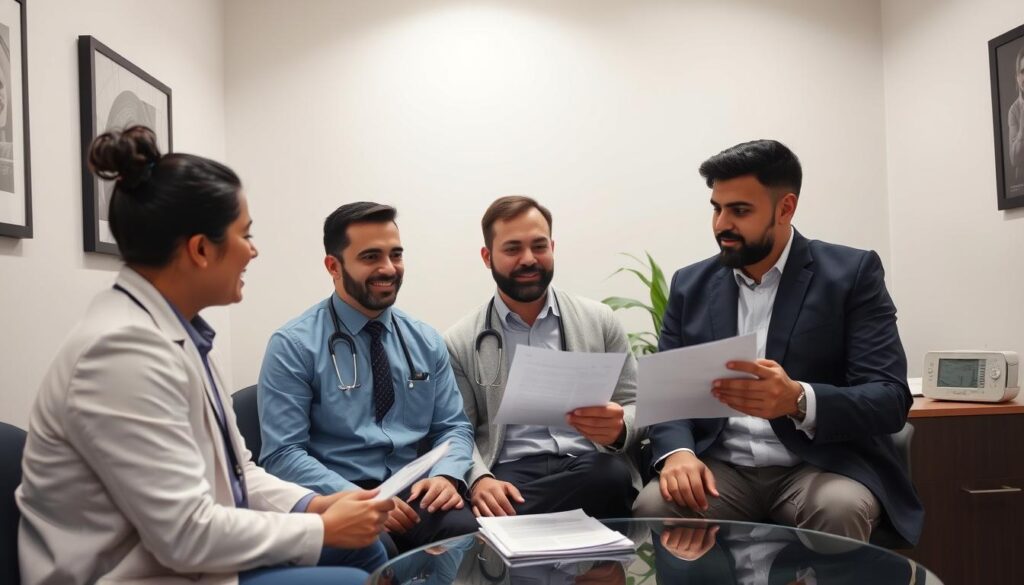 Gay couple meeting with Mexican surrogacy professionals to discuss their options Gay couple meeting with Mexican surrogacy professionals to discuss their options