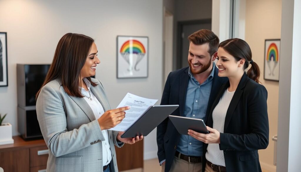 Gay couple meeting with a surrogacy coordinator in a US fertility clinic Gay couple meeting with a surrogacy coordinator in a US fertility clinic