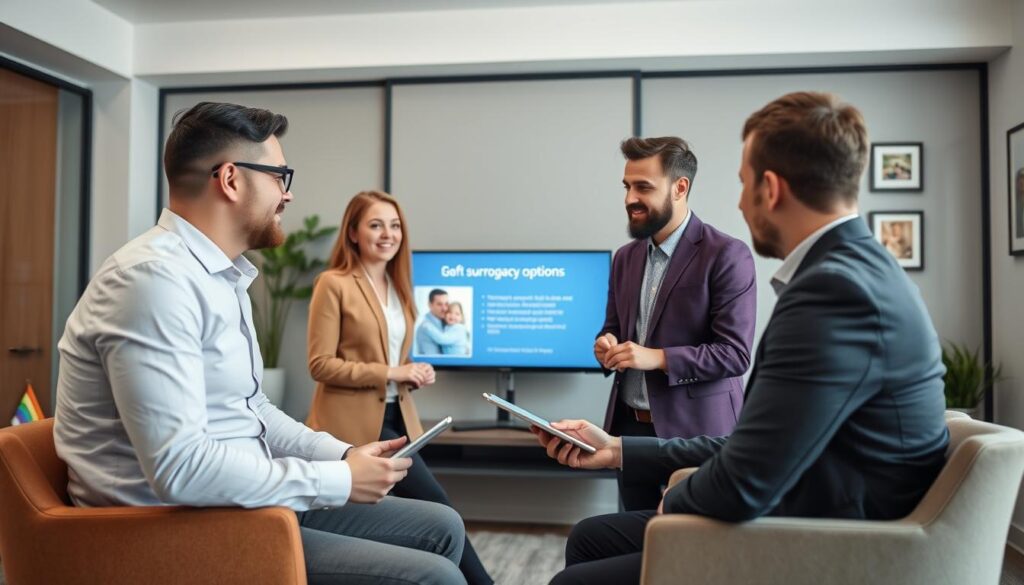Gay couple meeting with surrogacy agency representatives to discuss their family-building options Gay couple meeting with surrogacy agency representatives to discuss their family-building options