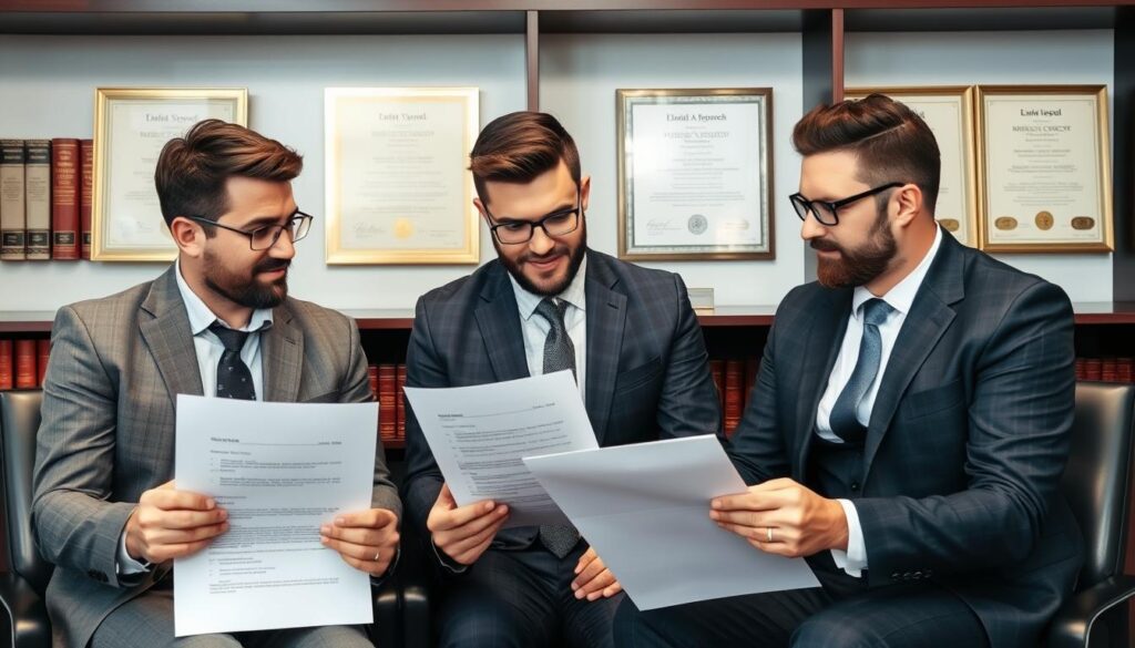 Gay couple reviewing surrogacy legal documents with an attorney Gay couple reviewing surrogacy legal documents with an attorney