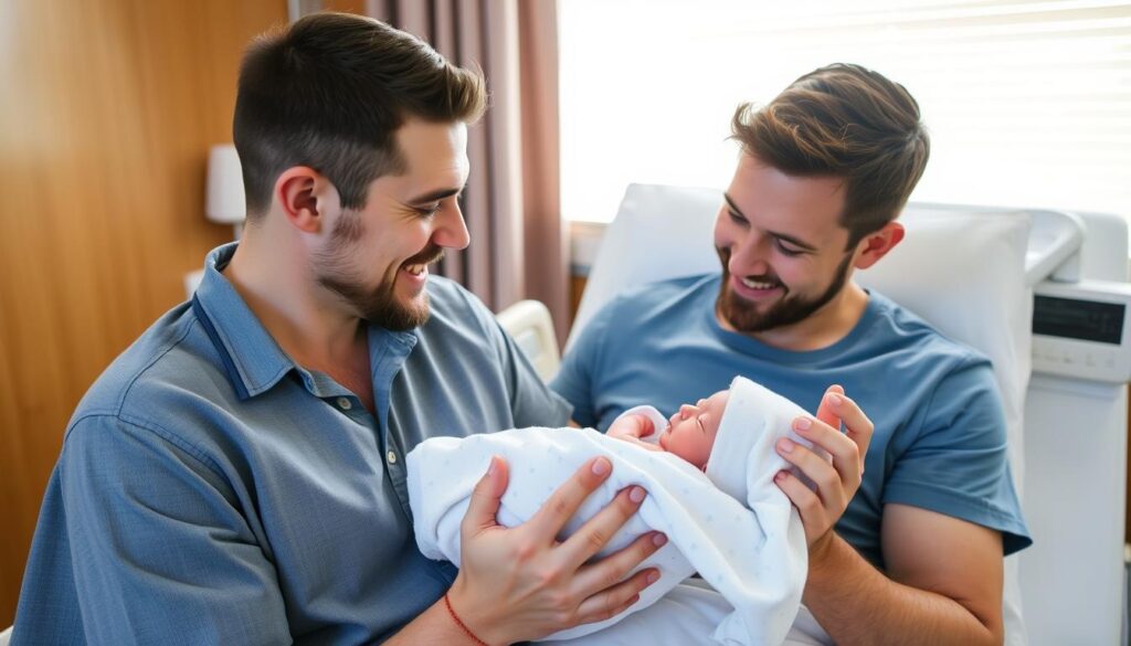 Happy gay couple holding their newborn baby after successful international surrogacy journey Happy gay couple holding their newborn baby after successful international surrogacy journey