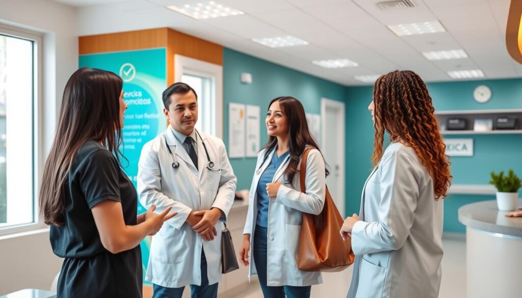 Mexican fertility clinic with doctors and patients discussing surrogacy options Mexican fertility clinic with doctors and patients discussing surrogacy options