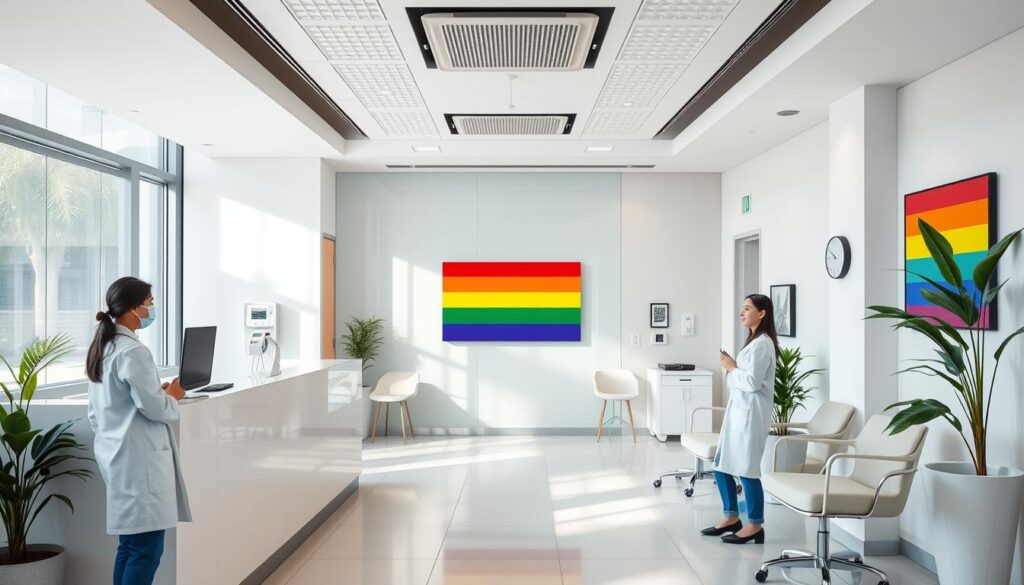 Modern fertility clinic in Colombia with rainbow flag indicating LGBTQ+ friendly services Modern fertility clinic in Colombia with rainbow flag indicating LGBTQ+ friendly services
