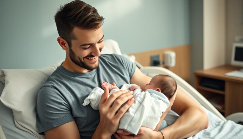 Same-sex couple holding their newborn after successful surrogacy Same-sex couple holding their newborn after successful surrogacy