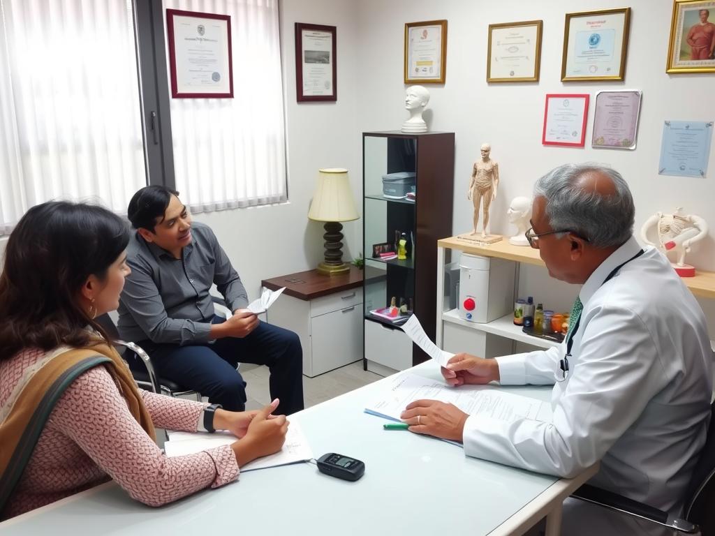 A couple consulting with a fertility specialist at a surrogacy clinic in India