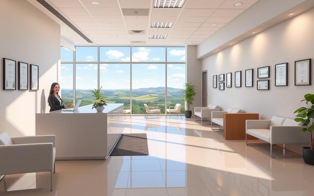 A modern, clean, and professional-looking medical office with a reception area and several private consultation rooms. The lobby features sleek, minimalist furniture, natural lighting, and calming color tones. In the background, a large window showcases a scenic view of rolling hills and blue skies. The reception desk is staffed by a friendly, approachable receptionist. The walls display certificates and accolades, highlighting the clinic's expertise in IVF treatments. The overall atmosphere conveys a sense of trust, expertise, and patient-centric care. A modern, clean, and professional-looking medical office with a reception area and several private consultation rooms. The lobby features sleek, minimalist furniture, natural lighting, and calming color tones. In the background, a large window showcases a scenic view of rolling hills and blue skies. The reception desk is staffed by a friendly, approachable receptionist. The walls display certificates and accolades, highlighting the clinic's expertise in IVF treatments. The overall atmosphere conveys a sense of trust, expertise, and patient-centric care.