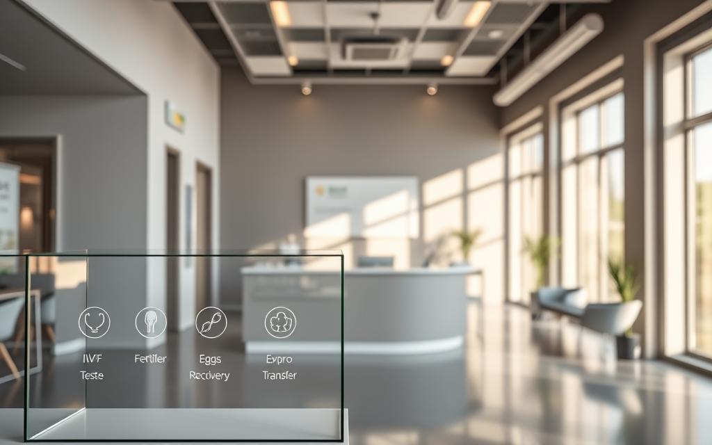A modern medical clinic in Athens, Greece, showcasing IVF treatment packages. In the foreground, a glass display case highlights various IVF services, including fertility testing, egg retrieval, and embryo transfer, all depicted with clean, minimalist icons. The middle ground features a reception desk and waiting area, bathed in warm, natural lighting filtering through large windows. In the background, a muted color palette of grays and blues creates a calming, professional atmosphere, complemented by discreet branding and signage. The overall scene conveys a sense of expertise, accessibility, and compassionate care for individuals and couples seeking assisted reproductive technologies. A modern medical clinic in Athens, Greece, showcasing IVF treatment packages. In the foreground, a glass display case highlights various IVF services, including fertility testing, egg retrieval, and embryo transfer, all depicted with clean, minimalist icons. The middle ground features a reception desk and waiting area, bathed in warm, natural lighting filtering through large windows. In the background, a muted color palette of grays and blues creates a calming, professional atmosphere, complemented by discreet branding and signage. The overall scene conveys a sense of expertise, accessibility, and compassionate care for individuals and couples seeking assisted reproductive technologies.