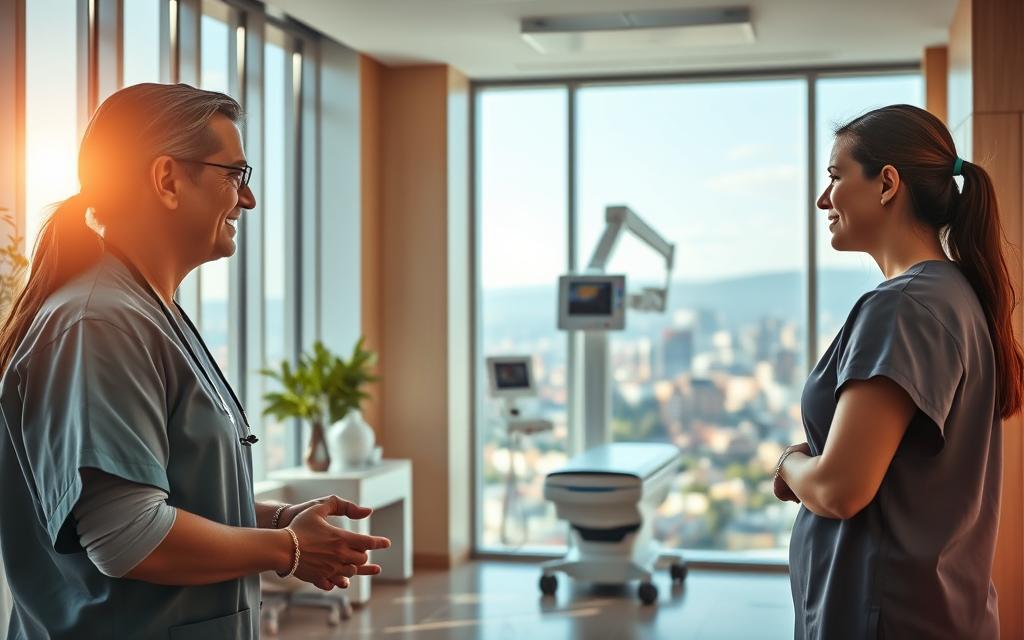 A modern medical clinic in Tbilisi, Georgia, bathed in warm, natural lighting through large windows. In the foreground, a compassionate doctor in scrubs consults with an international patient, offering reassurance and medical expertise. The middle ground showcases an airy, state-of-the-art IVF treatment room, equipped with the latest technology. In the background, the vibrant city skyline is visible, hinting at the convenience and accessibility of this medical tourism destination. The overall atmosphere conveys professionalism, comfort, and a commitment to supporting global patients on their fertility journey. A modern medical clinic in Tbilisi, Georgia, bathed in warm, natural lighting through large windows. In the foreground, a compassionate doctor in scrubs consults with an international patient, offering reassurance and medical expertise. The middle ground showcases an airy, state-of-the-art IVF treatment room, equipped with the latest technology. In the background, the vibrant city skyline is visible, hinting at the convenience and accessibility of this medical tourism destination. The overall atmosphere conveys professionalism, comfort, and a commitment to supporting global patients on their fertility journey.