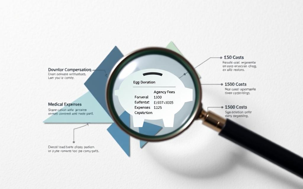 A modern, minimalist infographic showcasing the cost breakdown for egg donation programs in Spain. In the foreground, a magnifying glass hovers over a transparent piggy bank, revealing the various financial components - donor compensation, agency fees, medical expenses, and legal costs. The middle ground features sleek, geometric shapes in a color palette of muted blues, grays, and greens, conveying a sense of precision and professionalism. The background is a subtly textured surface, suggesting an official document or financial report. Soft, directional lighting casts gentle shadows, creating depth and emphasizing the key information. The overall impression is one of clarity, transparency, and attention to detail, aligning with the subject matter of the "Cost Structure for Spanish Egg Donation Programs". A modern, minimalist infographic showcasing the cost breakdown for egg donation programs in Spain. In the foreground, a magnifying glass hovers over a transparent piggy bank, revealing the various financial components - donor compensation, agency fees, medical expenses, and legal costs. The middle ground features sleek, geometric shapes in a color palette of muted blues, grays, and greens, conveying a sense of precision and professionalism. The background is a subtly textured surface, suggesting an official document or financial report. Soft, directional lighting casts gentle shadows, creating depth and emphasizing the key information. The overall impression is one of clarity, transparency, and attention to detail, aligning with the subject matter of the "Cost Structure for Spanish Egg Donation Programs".