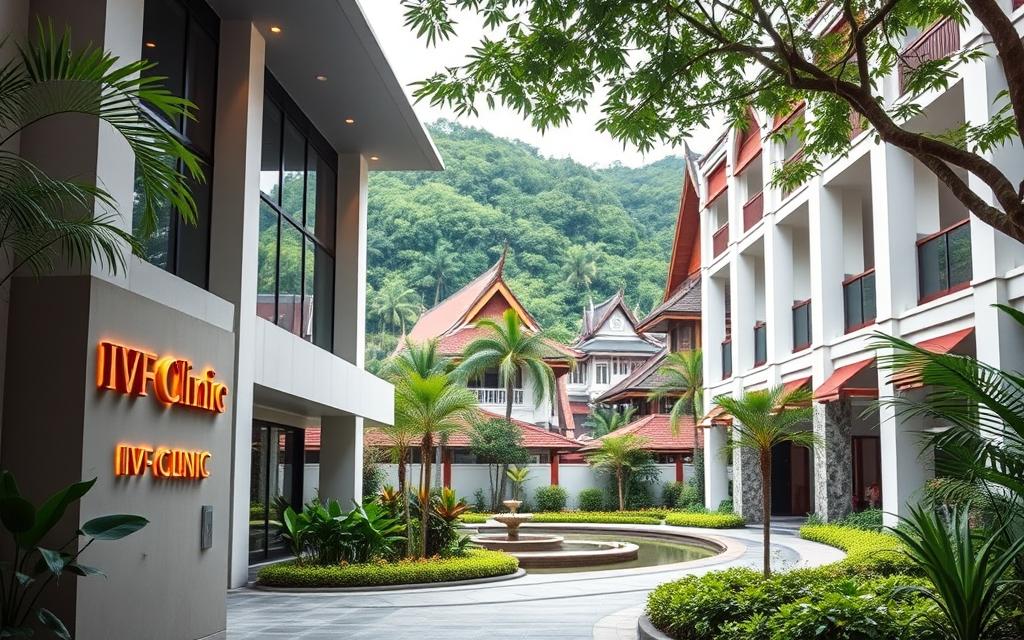 A modern, sleek healthcare facility set against the lush, tropical backdrop of Thailand. The foreground features the entrance to a state-of-the-art IVF clinic, with a prominent sign displaying its name in warm, elegant lettering. The middle ground showcases a tranquil garden with flourishing plants and a soothing water feature, creating a serene atmosphere. In the background, the iconic Thai architecture of the surrounding buildings blends seamlessly with the verdant landscape, exuding a sense of cultural harmony. Soft, diffused lighting illuminates the scene, conveying a welcoming and professional ambiance. The overall composition emphasizes the high-quality, personalized care and attention to detail that these leading fertility centers in Thailand are known for. A modern, sleek healthcare facility set against the lush, tropical backdrop of Thailand. The foreground features the entrance to a state-of-the-art IVF clinic, with a prominent sign displaying its name in warm, elegant lettering. The middle ground showcases a tranquil garden with flourishing plants and a soothing water feature, creating a serene atmosphere. In the background, the iconic Thai architecture of the surrounding buildings blends seamlessly with the verdant landscape, exuding a sense of cultural harmony. Soft, diffused lighting illuminates the scene, conveying a welcoming and professional ambiance. The overall composition emphasizes the high-quality, personalized care and attention to detail that these leading fertility centers in Thailand are known for.