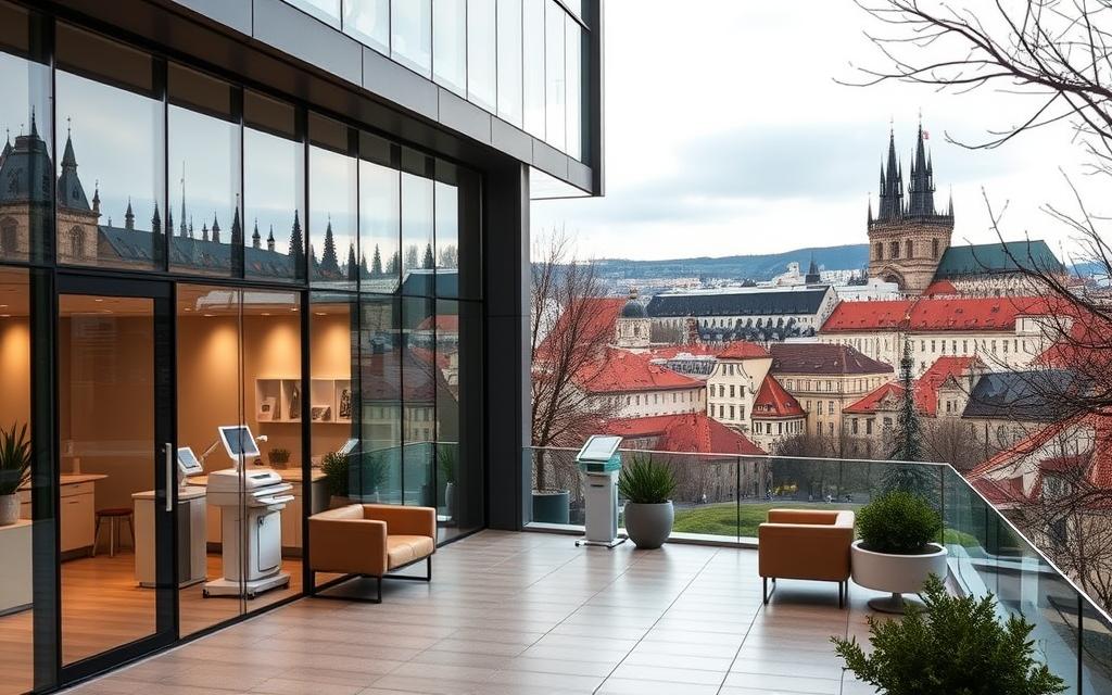 A modern, state-of-the-art fertility clinic nestled in the historic city of Prague. The exterior features a sleek, glass-paneled facade, blending contemporary design with the city's Baroque architecture. In the foreground, a warm, inviting reception area with comfortable seating and discreet medical equipment. The middle ground showcases the latest in fertility treatment technology, while the background reveals a picturesque view of Prague's iconic spires and rooftops. Soft, natural lighting filters through the windows, creating a calming, professional atmosphere. The image conveys a sense of expertise, innovation, and compassionate care, reflecting the high medical standards of Czech Republic's top fertility clinics. A modern, state-of-the-art fertility clinic nestled in the historic city of Prague. The exterior features a sleek, glass-paneled facade, blending contemporary design with the city's Baroque architecture. In the foreground, a warm, inviting reception area with comfortable seating and discreet medical equipment. The middle ground showcases the latest in fertility treatment technology, while the background reveals a picturesque view of Prague's iconic spires and rooftops. Soft, natural lighting filters through the windows, creating a calming, professional atmosphere. The image conveys a sense of expertise, innovation, and compassionate care, reflecting the high medical standards of Czech Republic's top fertility clinics.