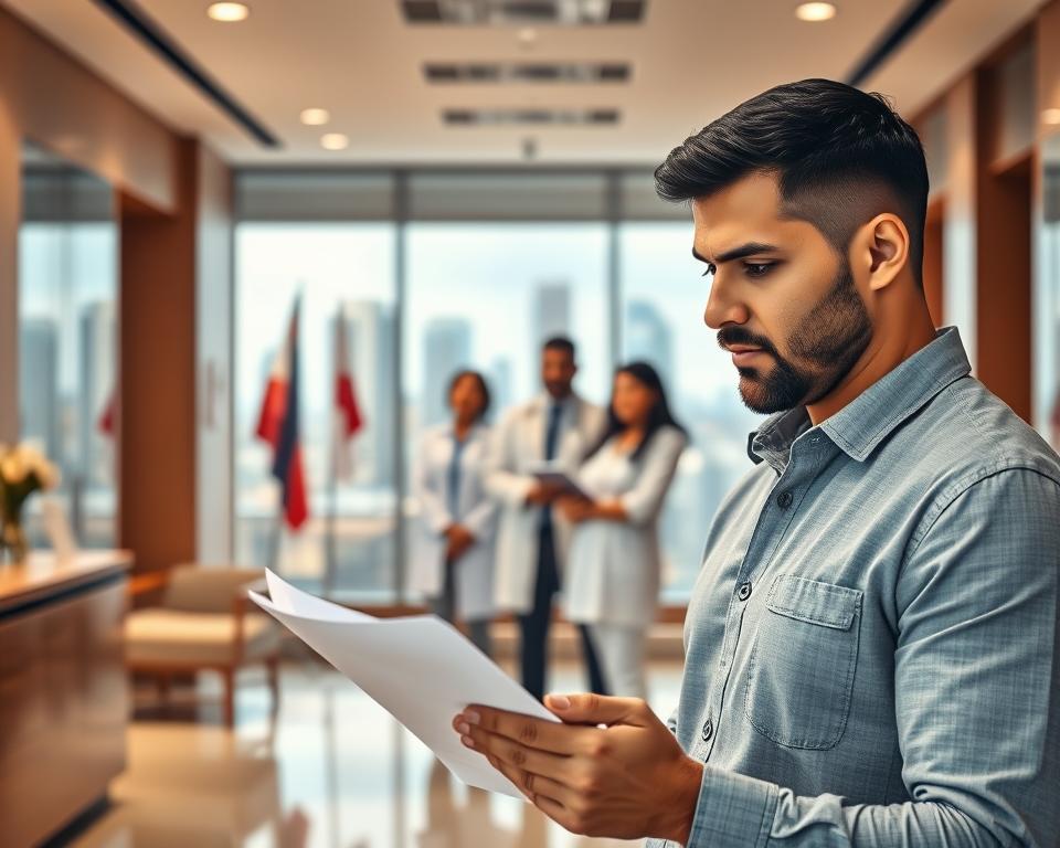 A serene and inviting scene of an international surrogacy clinic, set against a backdrop of diverse cultures. In the foreground, a single father thoughtfully examines paperwork, his expression one of hopeful determination. Surrounding him, the clinic's interior is warm and modern, with clean lines and soothing earth tones. In the middle ground, a multicultural team of medical professionals stand ready to guide the father through the surrogacy process, their body language conveying empathy and expertise. The background depicts a skyline of skyscrapers and flags, hinting at the global nature of this surrogacy journey. Soft, diffused lighting and a subtle depth of field create an atmosphere of professionalism and care. A serene and inviting scene of an international surrogacy clinic, set against a backdrop of diverse cultures. In the foreground, a single father thoughtfully examines paperwork, his expression one of hopeful determination. Surrounding him, the clinic's interior is warm and modern, with clean lines and soothing earth tones. In the middle ground, a multicultural team of medical professionals stand ready to guide the father through the surrogacy process, their body language conveying empathy and expertise. The background depicts a skyline of skyscrapers and flags, hinting at the global nature of this surrogacy journey. Soft, diffused lighting and a subtle depth of field create an atmosphere of professionalism and care.