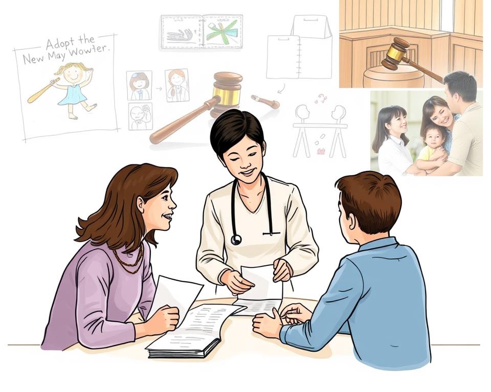 A serene, hand-drawn illustration depicting the key stages of the adoption process. In the foreground, a diverse family gathers around a table, carefully reviewing adoption paperwork and files. The middle ground showcases a social worker guiding the family through the steps, their expression warm and encouraging. In the background, a collage of images - a child's drawing, a judge's gavel, and heartwarming moments of a child joining their new home. The scene is illuminated by soft, diffused lighting, creating a sense of hope and new beginnings. The overall mood is one of careful consideration, empathy, and the joyful culmination of this meaningful journey. A serene, hand-drawn illustration depicting the key stages of the adoption process. In the foreground, a diverse family gathers around a table, carefully reviewing adoption paperwork and files. The middle ground showcases a social worker guiding the family through the steps, their expression warm and encouraging. In the background, a collage of images - a child's drawing, a judge's gavel, and heartwarming moments of a child joining their new home. The scene is illuminated by soft, diffused lighting, creating a sense of hope and new beginnings. The overall mood is one of careful consideration, empathy, and the joyful culmination of this meaningful journey.