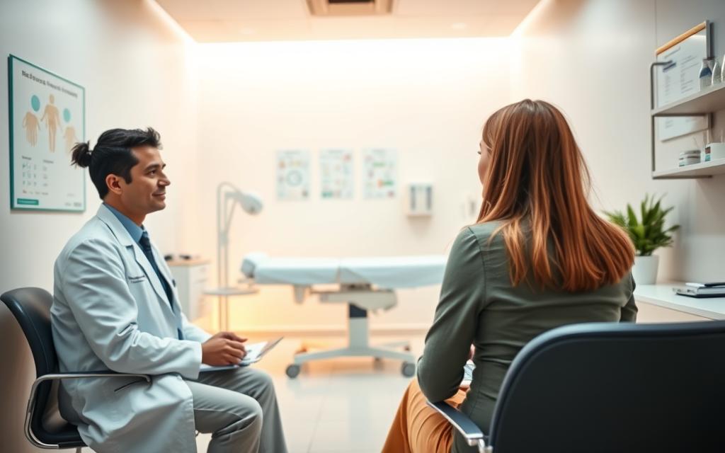 A serene, softly lit medical clinic interior. In the foreground, a doctor and patient sit at a desk, discussing the egg donation process in Cyprus. Behind them, a nurse prepares equipment and medications. The middle ground features an examination table, with medical diagrams and informational posters on the walls. The background showcases a calming, professional atmosphere with warm lighting and a sense of care and expertise. The overall mood is one of compassion, transparency, and the promise of a path to parenthood. A serene, softly lit medical clinic interior. In the foreground, a doctor and patient sit at a desk, discussing the egg donation process in Cyprus. Behind them, a nurse prepares equipment and medications. The middle ground features an examination table, with medical diagrams and informational posters on the walls. The background showcases a calming, professional atmosphere with warm lighting and a sense of care and expertise. The overall mood is one of compassion, transparency, and the promise of a path to parenthood.