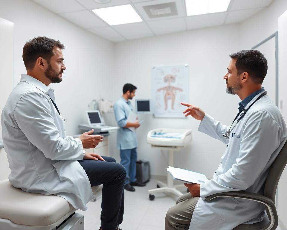 A sterile medical setting with bright, evenly-distributed lighting and a clean, white background. In the foreground, a male patient sits on an examination table, consulting with a doctor wearing a white coat. The doctor gestures towards a medical diagram on the wall, explaining the surrogacy process. In the middle ground, a nurse prepares medical equipment and paperwork. The atmosphere is calm, professional, and informative, conveying the step-by-step nature of the surrogacy journey for single men. A sterile medical setting with bright, evenly-distributed lighting and a clean, white background. In the foreground, a male patient sits on an examination table, consulting with a doctor wearing a white coat. The doctor gestures towards a medical diagram on the wall, explaining the surrogacy process. In the middle ground, a nurse prepares medical equipment and paperwork. The atmosphere is calm, professional, and informative, conveying the step-by-step nature of the surrogacy journey for single men.