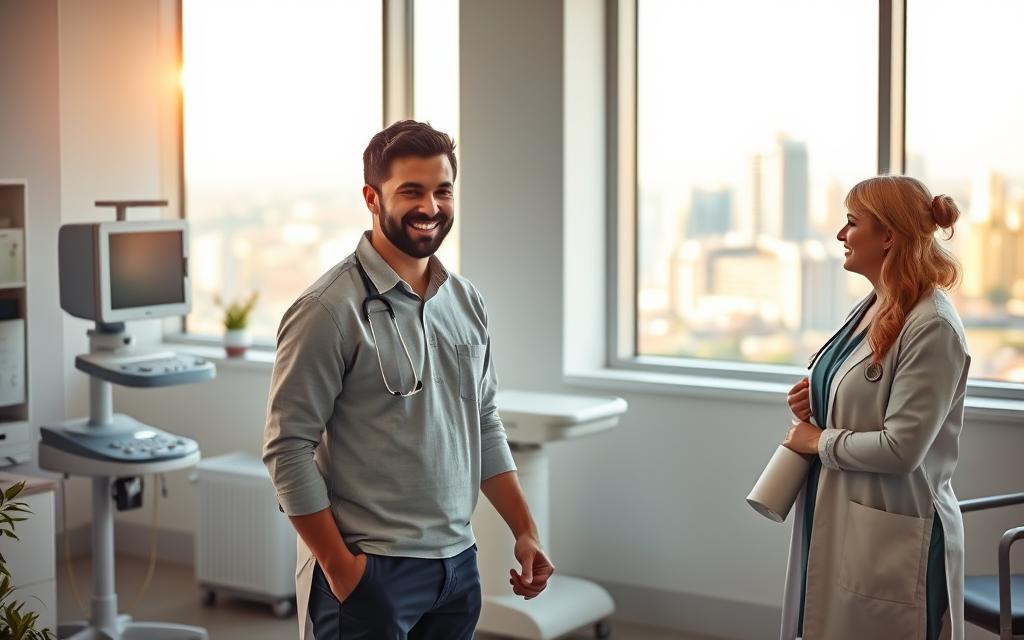 A tranquil clinic nestled in the heart of Kyiv, Ukraine, illuminated by warm, natural lighting filtering through large windows. In the foreground, a smiling couple, hand-in-hand, consult with a caring, empathetic fertility specialist. The middle ground features state-of-the-art medical equipment and a serene, calming atmosphere. The background showcases the vibrant, bustling city skyline, representing the hope and possibilities for starting a family. Soft, muted tones and a sense of comfort and trust pervade the scene, capturing the essence of high-quality, successful IVF treatments available in Ukraine. A tranquil clinic nestled in the heart of Kyiv, Ukraine, illuminated by warm, natural lighting filtering through large windows. In the foreground, a smiling couple, hand-in-hand, consult with a caring, empathetic fertility specialist. The middle ground features state-of-the-art medical equipment and a serene, calming atmosphere. The background showcases the vibrant, bustling city skyline, representing the hope and possibilities for starting a family. Soft, muted tones and a sense of comfort and trust pervade the scene, capturing the essence of high-quality, successful IVF treatments available in Ukraine.