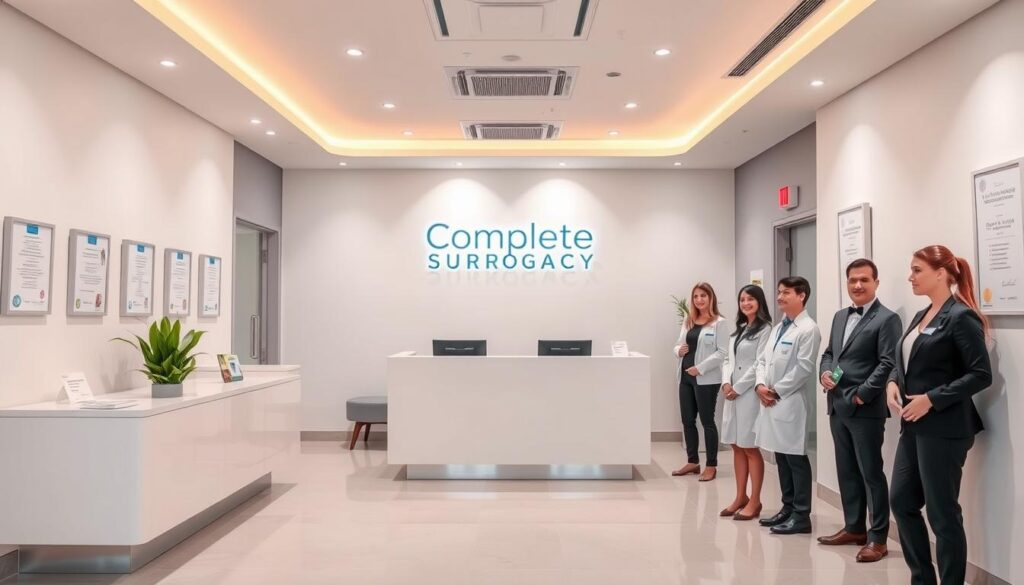 A serene and inviting scene of a comfortable and well-equipped gestational surrogacy clinic in India, with the IVF Conceptions logo prominently displayed. In the foreground, a warm and welcoming receptionist greets prospective clients, while the middle ground features a cozy waiting area with plush seating and calming artwork on the walls. The background showcases state-of-the-art medical equipment and a team of compassionate, professional staff, all bathed in soft, natural lighting that creates a sense of tranquility and care. The overall atmosphere conveys the message of affordable, high-quality surrogacy services available in India. Complete Surrogacy clinic and medical team, ranked among best surrogacy agencies in India