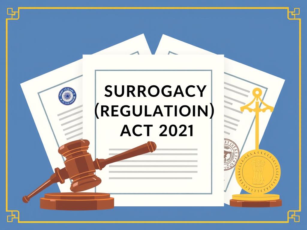 Visual representation of the Surrogacy Regulation Act 2021 with legal documents and Indian legal symbols Visual representation of the Surrogacy Regulation Act 2021 with legal documents and Indian legal symbols