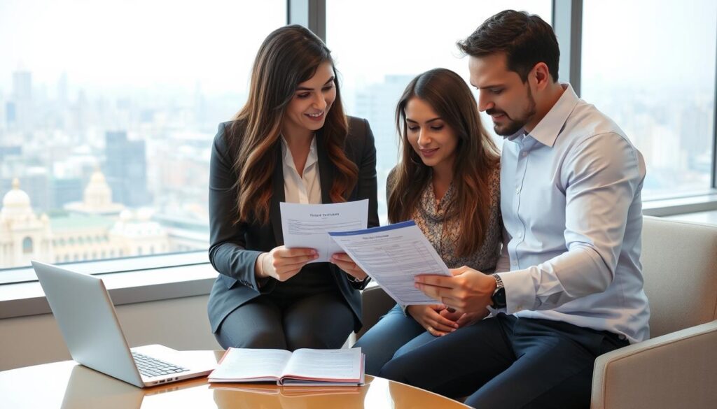 A couple reviewing surrogacy agency documents with a consultant in Mumbai