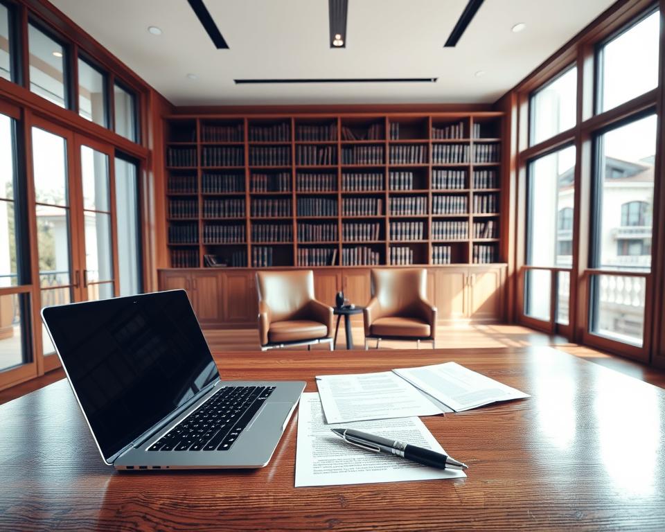 A high-contrast, wide-angle photograph of a spacious law office, with large windows allowing natural light to flood the room. In the foreground, a wooden desk with a laptop, a stack of legal documents, and a pen resting on a notepad. In the middle ground, two chairs facing the desk, suggesting a consultation in progress. The background features bookshelves lining the walls, filled with leather-bound volumes, conveying a sense of legal expertise and authority. The overall mood is one of professionalism and attention to detail, reflecting the seriousness of the legal aspects of surrogacy. A high-contrast, wide-angle photograph of a spacious law office, with large windows allowing natural light to flood the room. In the foreground, a wooden desk with a laptop, a stack of legal documents, and a pen resting on a notepad. In the middle ground, two chairs facing the desk, suggesting a consultation in progress. The background features bookshelves lining the walls, filled with leather-bound volumes, conveying a sense of legal expertise and authority. The overall mood is one of professionalism and attention to detail, reflecting the seriousness of the legal aspects of surrogacy.
