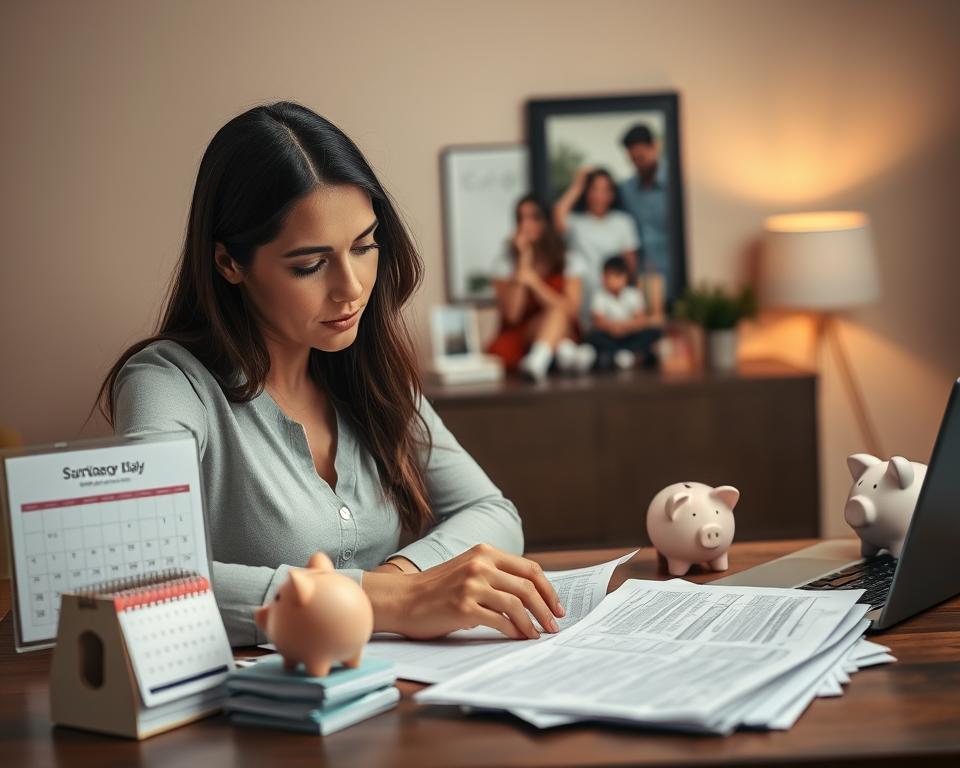A meticulously composed scene of financial planning for surrogacy. In the foreground, a woman sitting at a desk pores over financial documents and a laptop, brow furrowed in concentration. Surrounding her, various objects symbolize the surrogacy journey: a fertility calendar, a stack of medical bills, a piggy bank. In the middle ground, a family photo frames the aspirations of parenthood. The background features warm, muted tones, evoking a sense of thoughtful deliberation. Soft, diffused lighting casts a contemplative glow, as the woman contemplates strategies to make surrogacy more affordable. Composed with a cinematic, documentary-style approach to visually communicate the complexities of financial planning for this deeply personal endeavor. A meticulously composed scene of financial planning for surrogacy. In the foreground, a woman sitting at a desk pores over financial documents and a laptop, brow furrowed in concentration. Surrounding her, various objects symbolize the surrogacy journey: a fertility calendar, a stack of medical bills, a piggy bank. In the middle ground, a family photo frames the aspirations of parenthood. The background features warm, muted tones, evoking a sense of thoughtful deliberation. Soft, diffused lighting casts a contemplative glow, as the woman contemplates strategies to make surrogacy more affordable. Composed with a cinematic, documentary-style approach to visually communicate the complexities of financial planning for this deeply personal endeavor.