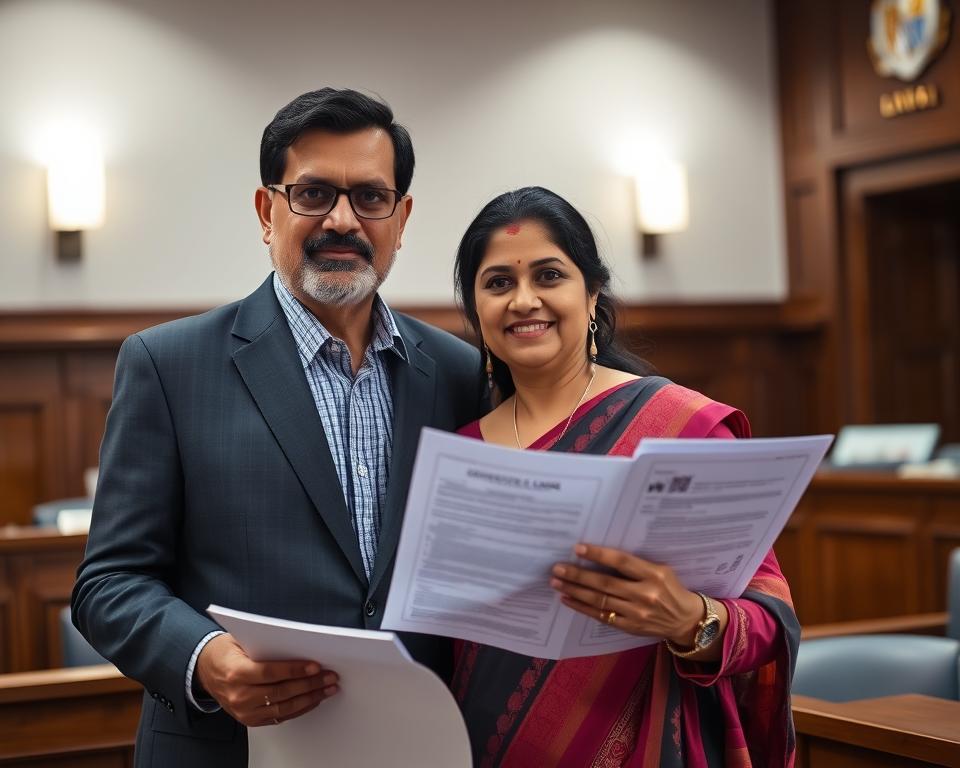 A middle-aged Indian couple standing in a formal legal setting, such as a courtroom or a government office, surrounded by legal documents and forms related to surrogacy and citizenship. The couple's expressions convey a sense of determination and cautious optimism as they navigate the complex legal process. Soft, diffused lighting illuminates the scene, creating a sense of professionalism and authority. The background is slightly blurred, placing the focus on the couple and the legal paperwork they are handling. The overall mood is one of seriousness and importance, reflecting the gravity of the situation. A middle-aged Indian couple standing in a formal legal setting, such as a courtroom or a government office, surrounded by legal documents and forms related to surrogacy and citizenship. The couple's expressions convey a sense of determination and cautious optimism as they navigate the complex legal process. Soft, diffused lighting illuminates the scene, creating a sense of professionalism and authority. The background is slightly blurred, placing the focus on the couple and the legal paperwork they are handling. The overall mood is one of seriousness and importance, reflecting the gravity of the situation.