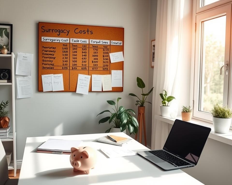 A peaceful home office with natural light streaming through a large window, showcasing an organized desk with a laptop, papers, and a piggy bank. On the wall, a corkboard displays financial documents and calculations related to surrogacy costs. The room has a calming, focused atmosphere, with plants and artwork adding warmth and inspiration. The overall scene conveys a sense of careful financial planning and preparation for the surrogacy journey. A peaceful home office with natural light streaming through a large window, showcasing an organized desk with a laptop, papers, and a piggy bank. On the wall, a corkboard displays financial documents and calculations related to surrogacy costs. The room has a calming, focused atmosphere, with plants and artwork adding warmth and inspiration. The overall scene conveys a sense of careful financial planning and preparation for the surrogacy journey.
