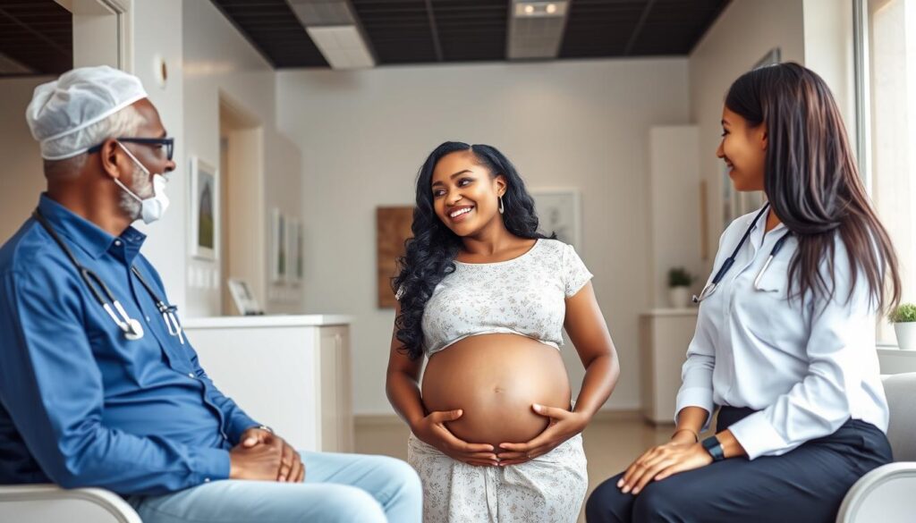 A pregnant surrogate mother meeting with intended parents in Kenya A pregnant surrogate mother meeting with intended parents in Kenya