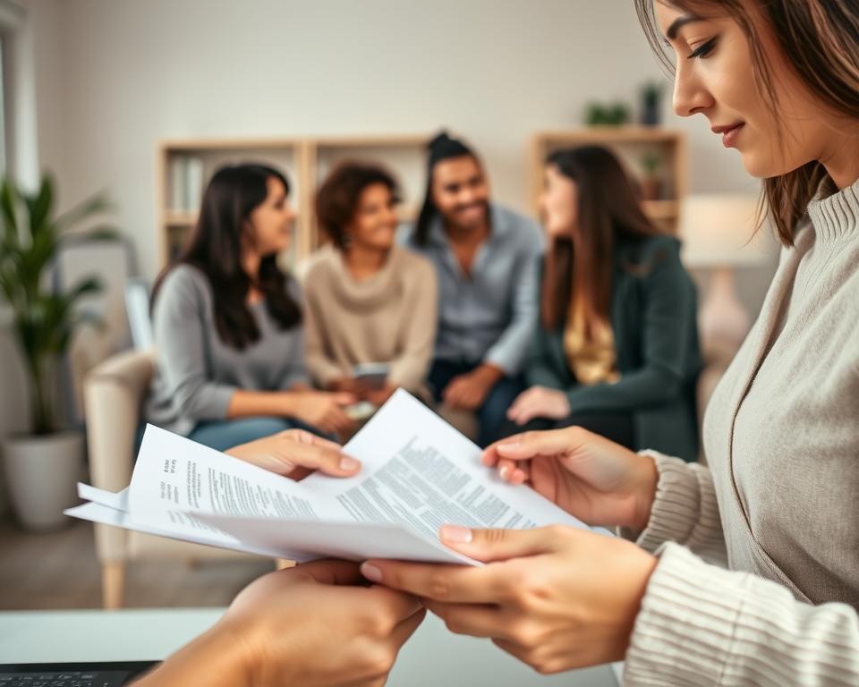 A warm and inviting scene depicting the surrogate matching process. In the foreground, a pair of hands carefully examining documents, symbolizing the meticulous care taken during the selection process. The middle ground features a group of diverse individuals, each with a unique story, engaged in conversation, representing the collaborative nature of the journey. The background showcases a softly lit, cozy office environment, conveying a sense of professionalism and empathy. The overall composition evokes a feeling of hope, trust, and the personalized attention given to each potential surrogate-intended parent match. Soft, natural lighting, a shallow depth of field, and a muted color palette contribute to the serene and reassuring atmosphere. A warm and inviting scene depicting the surrogate matching process. In the foreground, a pair of hands carefully examining documents, symbolizing the meticulous care taken during the selection process. The middle ground features a group of diverse individuals, each with a unique story, engaged in conversation, representing the collaborative nature of the journey. The background showcases a softly lit, cozy office environment, conveying a sense of professionalism and empathy. The overall composition evokes a feeling of hope, trust, and the personalized attention given to each potential surrogate-intended parent match. Soft, natural lighting, a shallow depth of field, and a muted color palette contribute to the serene and reassuring atmosphere.