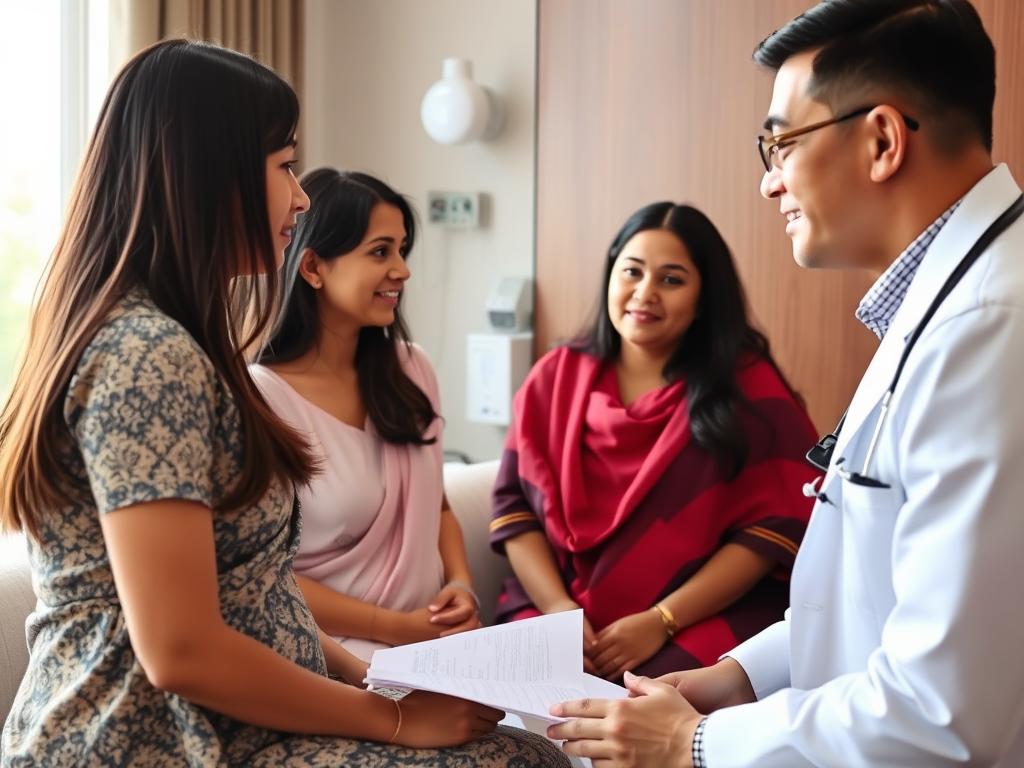 A bustling urban scene in India, with a modern high-rise building in the background. In the foreground, a couple sits in a cozy waiting room, their expressions conveying a mix of hope and uncertainty. Nearby, a doctor in a white coat consults with a surrogate mother, her belly gently rounded. The lighting is warm and inviting, creating a sense of professionalism and care. The angle captures the interaction between the parties involved, hinting at the complex legal and ethical considerations surrounding commercial surrogacy in the country. Surrogate mother meeting with intended parents in Mumbai clinic