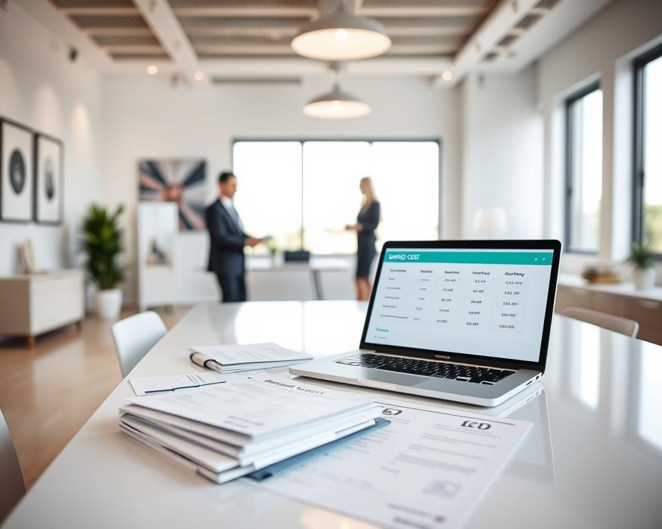 A well-lit, professional-looking office setting showcasing the pricing details of a modern surrogacy agency. In the foreground, a sleek, minimalist desk displays a neatly arranged array of documents, folders, and a laptop open to a surrogacy cost breakdown. The middle ground features an employee in business attire consulting with a prospective client, gesturing towards the pricing information. The background reveals a contemporary interior with clean lines, subtle artwork, and large windows allowing natural light to flood the space, conveying a sense of transparency and professionalism. The overall mood is one of informative clarity, guiding clients through the financial aspects of the surrogacy process. A well-lit, professional-looking office setting showcasing the pricing details of a modern surrogacy agency. In the foreground, a sleek, minimalist desk displays a neatly arranged array of documents, folders, and a laptop open to a surrogacy cost breakdown. The middle ground features an employee in business attire consulting with a prospective client, gesturing towards the pricing information. The background reveals a contemporary interior with clean lines, subtle artwork, and large windows allowing natural light to flood the space, conveying a sense of transparency and professionalism. The overall mood is one of informative clarity, guiding clients through the financial aspects of the surrogacy process.