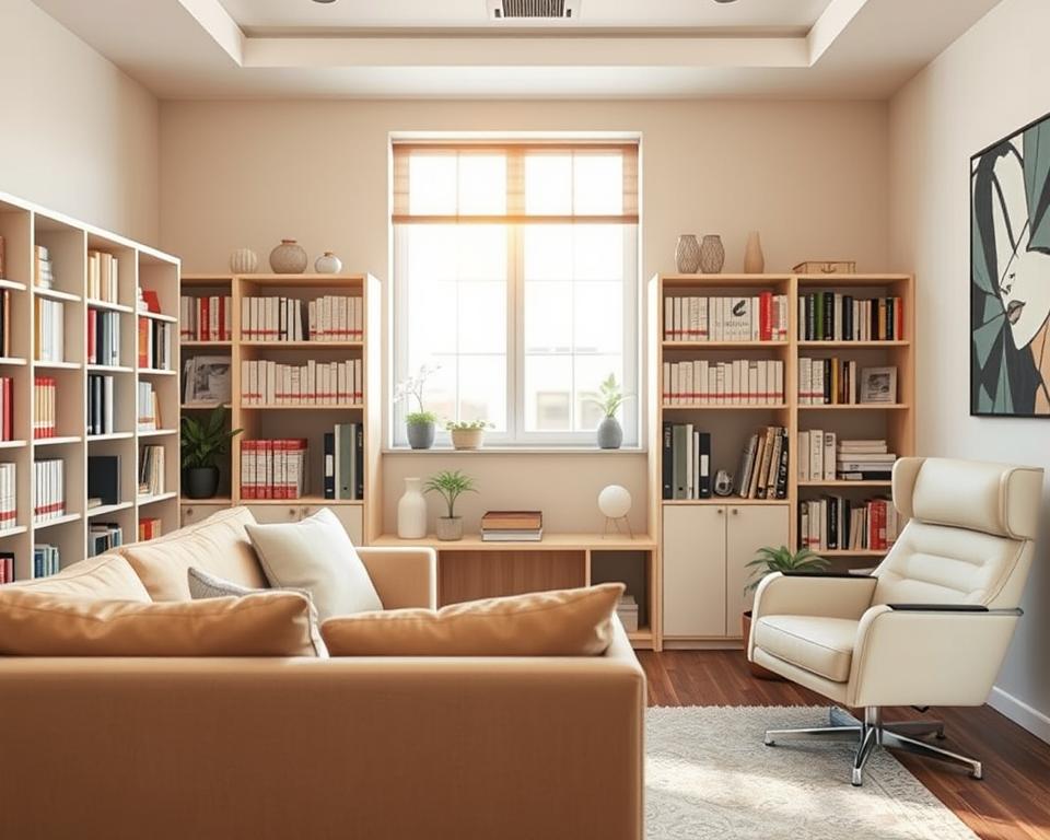 a clinical psychologist's office with a warm, inviting atmosphere. A comfortable couch and armchair are arranged in the foreground, creating an intimate setting for a counseling session. In the middle ground, a large window lets in soft, natural light, casting a calming glow over the scene. Bookcases filled with psychological journals and reference materials line the walls, conveying a sense of expertise and professionalism. The background features abstract artwork and subtle decorative elements that enhance the thoughtful, introspective mood. The overall composition suggests a safe, confidential space for a thorough psychological assessment of a surrogate mother candidate. a clinical psychologist's office with a warm, inviting atmosphere. A comfortable couch and armchair are arranged in the foreground, creating an intimate setting for a counseling session. In the middle ground, a large window lets in soft, natural light, casting a calming glow over the scene. Bookcases filled with psychological journals and reference materials line the walls, conveying a sense of expertise and professionalism. The background features abstract artwork and subtle decorative elements that enhance the thoughtful, introspective mood. The overall composition suggests a safe, confidential space for a thorough psychological assessment of a surrogate mother candidate.