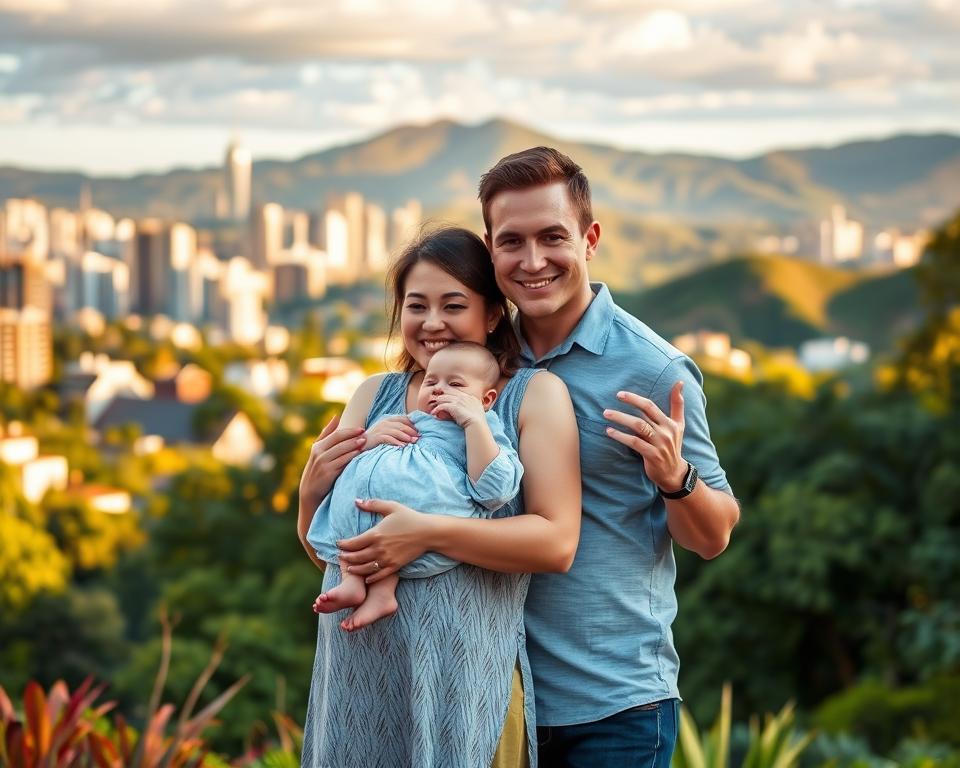 A bustling city skyline in Colombia, with high-rise buildings and lush green hills in the background. In the foreground, a family of three - a mother, father, and a young child - standing in a welcoming, warm-lit garden. The mother holds the child tenderly, a serene expression on her face, conveying the joy and wonder of surrogacy. The father stands beside them, his hand on the mother's shoulder, a proud and supportive smile on his face. The scene is bathed in golden, afternoon sunlight, creating a sense of contentment and tranquility. The overall atmosphere is one of comfort, security, and the celebration of family. A bustling city skyline in Colombia, with high-rise buildings and lush green hills in the background. In the foreground, a family of three - a mother, father, and a young child - standing in a welcoming, warm-lit garden. The mother holds the child tenderly, a serene expression on her face, conveying the joy and wonder of surrogacy. The father stands beside them, his hand on the mother's shoulder, a proud and supportive smile on his face. The scene is bathed in golden, afternoon sunlight, creating a sense of contentment and tranquility. The overall atmosphere is one of comfort, security, and the celebration of family.