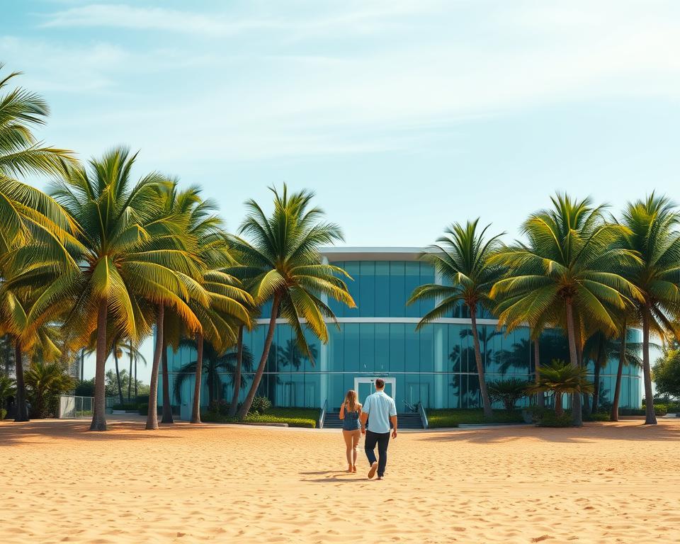 An expansive tropical landscape, with a serene beachfront in the foreground. Lush palm trees sway gently in the warm breeze, casting dappled shadows on the golden sand. In the middle ground, a modern medical clinic stands, its glass facade reflecting the azure sky. A couple, dressed in casual attire, walk with purpose towards the entrance, conveying the sense of an important international journey. The background is hazy and dreamlike, hinting at the complex legal and logistical process of overseas surrogacy, as they navigate this unique path to parenthood. An expansive tropical landscape, with a serene beachfront in the foreground. Lush palm trees sway gently in the warm breeze, casting dappled shadows on the golden sand. In the middle ground, a modern medical clinic stands, its glass facade reflecting the azure sky. A couple, dressed in casual attire, walk with purpose towards the entrance, conveying the sense of an important international journey. The background is hazy and dreamlike, hinting at the complex legal and logistical process of overseas surrogacy, as they navigate this unique path to parenthood.