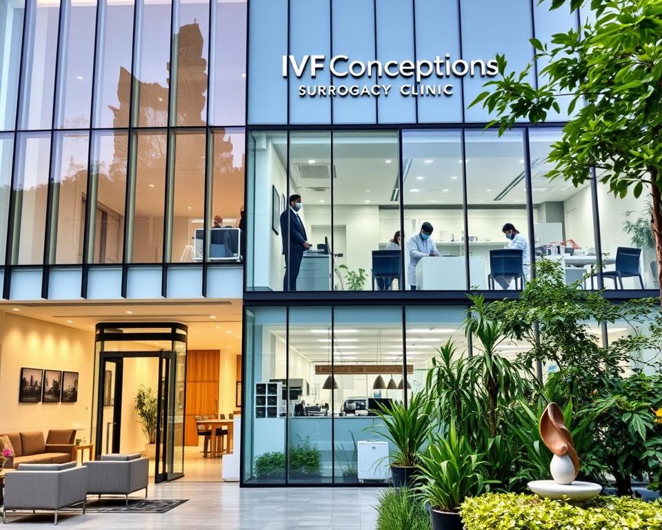 A modern, well-equipped IVF Conceptions surrogacy clinic nestled in a bustling Indian city. The exterior features a sleek glass façade, giving it an air of professionalism and cutting-edge technology. In the foreground, a welcoming reception area with comfortable seating and warm lighting. The middle ground showcases a state-of-the-art laboratory, where skilled embryologists work diligently. In the background, verdant gardens and a serene meditation space, promoting holistic well-being. The lighting is soft and diffused, creating a calming atmosphere. The overall scene conveys a sense of trust, expertise, and compassionate care, the hallmarks of the IVF Conceptions surrogacy clinic. A modern, well-equipped IVF Conceptions surrogacy clinic nestled in a bustling Indian city. The exterior features a sleek glass façade, giving it an air of professionalism and cutting-edge technology. In the foreground, a welcoming reception area with comfortable seating and warm lighting. The middle ground showcases a state-of-the-art laboratory, where skilled embryologists work diligently. In the background, verdant gardens and a serene meditation space, promoting holistic well-being. The lighting is soft and diffused, creating a calming atmosphere. The overall scene conveys a sense of trust, expertise, and compassionate care, the hallmarks of the IVF Conceptions surrogacy clinic.