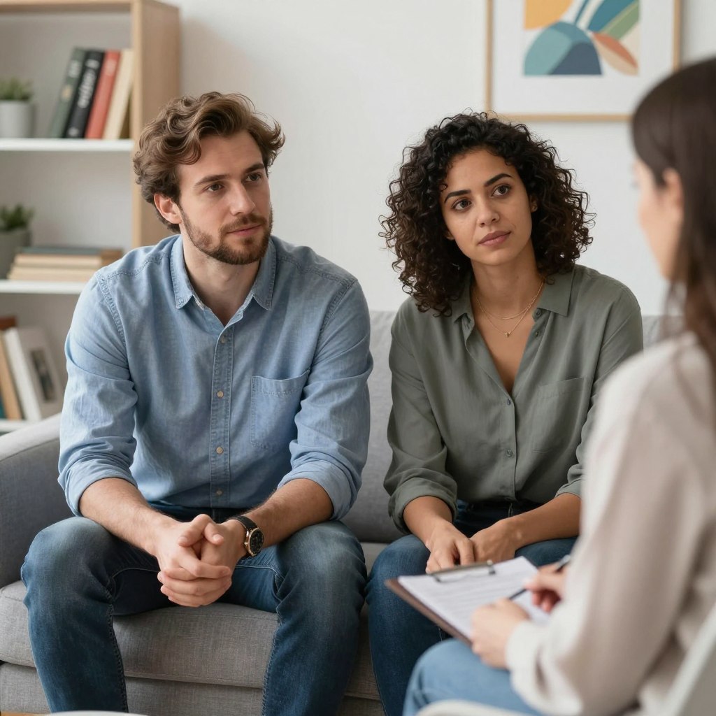 A diverse couple receiving supportive counseling during their fertility journey A diverse couple receiving supportive counseling during their fertility journey