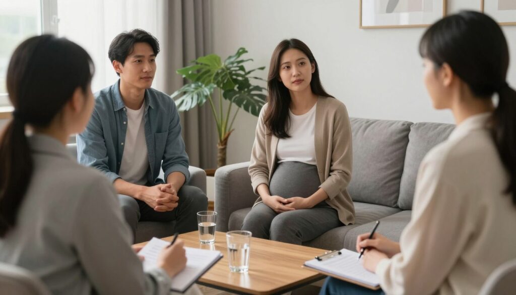A facilitated meeting between intended parents and a surrogate with a psychologist providing guidance A facilitated meeting between intended parents and a surrogate with a psychologist providing guidance