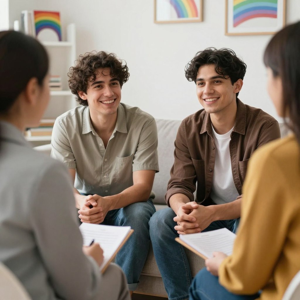 An LGBTQ+ couple receiving specialized fertility counseling An LGBTQ+ couple receiving specialized fertility counseling