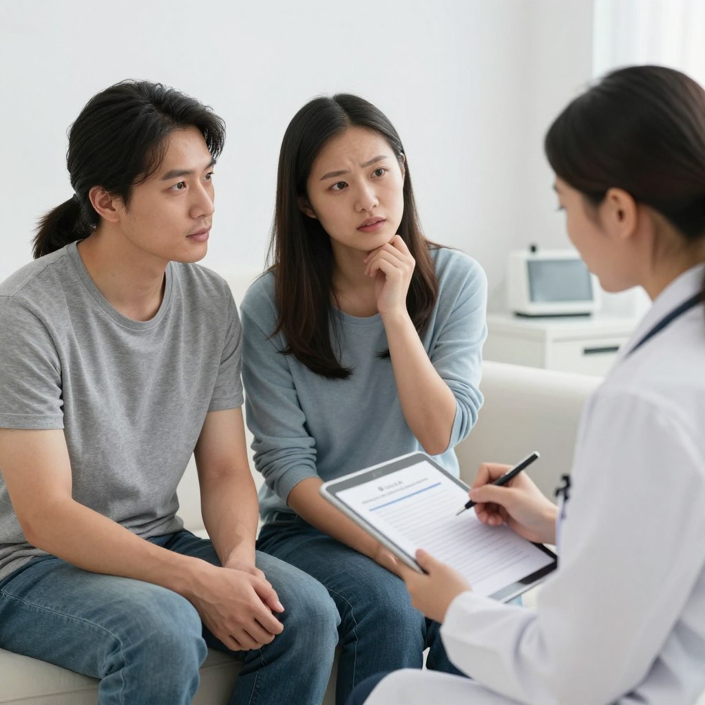 Couple discussing previous fertility treatment experiences with specialist Couple discussing previous fertility treatment experiences with specialist