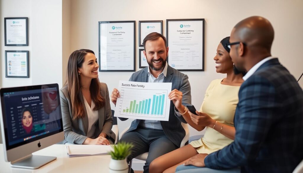 Couple reviewing IVF clinic success rates and credentials with a consultant Couple reviewing IVF clinic success rates and credentials with a consultant