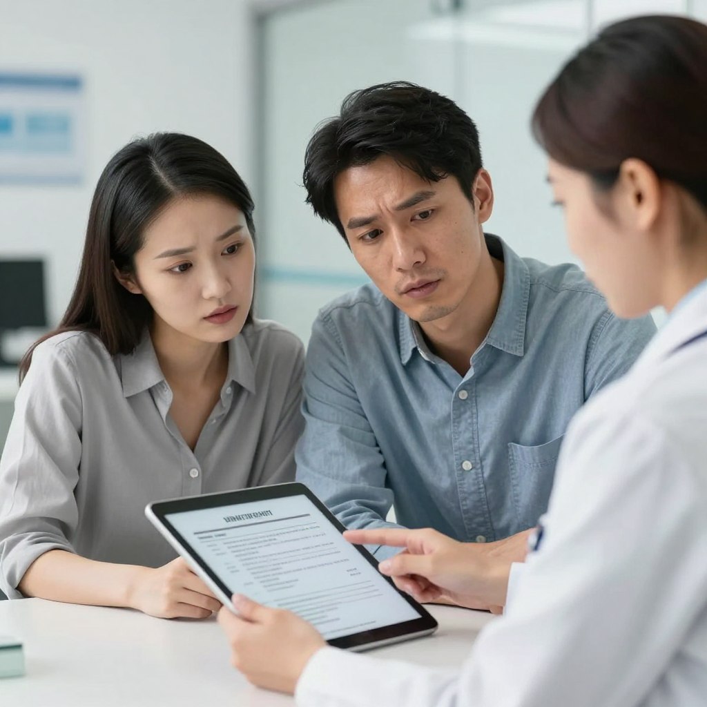 Couple reviewing fertility treatment options with a specialist Couple reviewing fertility treatment options with a specialist