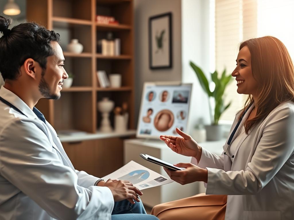 Doctor consulting with couple about IVF treatment options Doctor consulting with couple about IVF treatment options