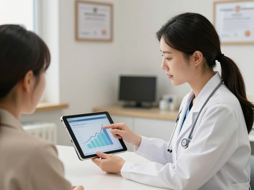 Doctor reviewing high IVF success rate data with patient Doctor reviewing high IVF success rate data with patient