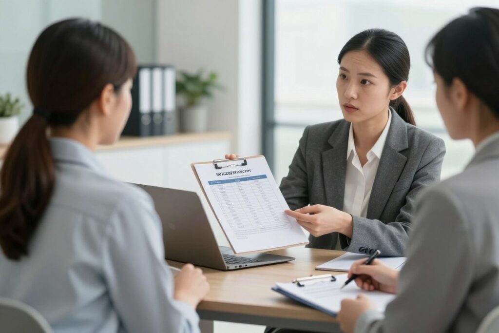 Financial counselor discussing IVF costs and high success rates with couple Financial counselor discussing IVF costs and high success rates with couple